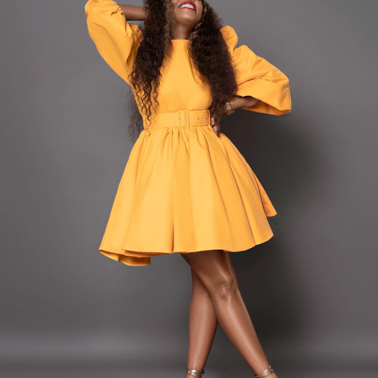 Fashionable Women's Dress with Puff Sleeves and Waist Cinching Design, Elegant European and American Style, New Arrival