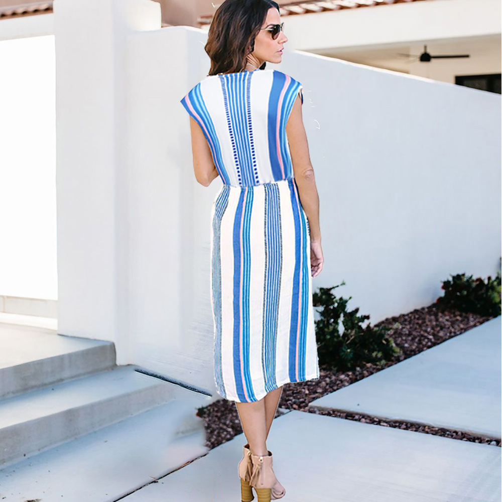 Sleeveless V Neck Blue and White Striped Maxi Dress Loose Fit High Waist Summer Style Wholesale Available