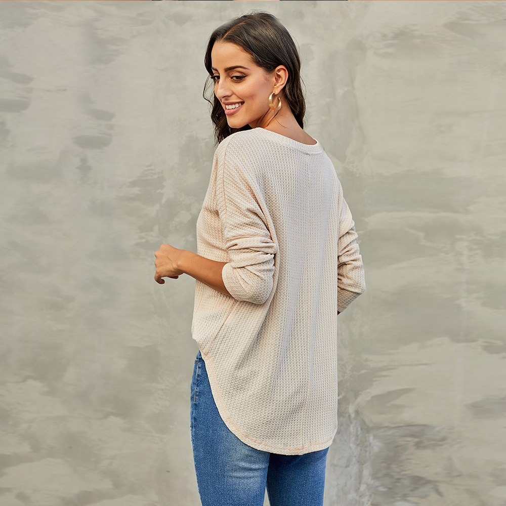 V Neck Loose Fit Long Sleeve Top Solid Color Waffle Knit Casual Style Perfect for Autumn Wholesale Available