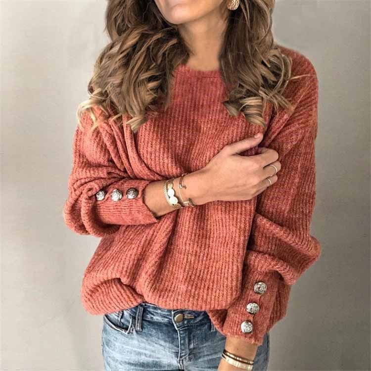 Womens Long Sleeve Knit Top Round Neck Button Detail Comfortable Fabric Casual Wear for Spring and Autumn