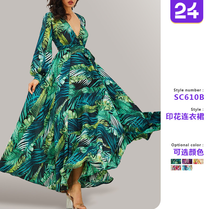 Floral Print Maxi Dress Lantern Sleeves Sexy V Neck Leaf Pattern Spring Summer Fashion Wholesale Available