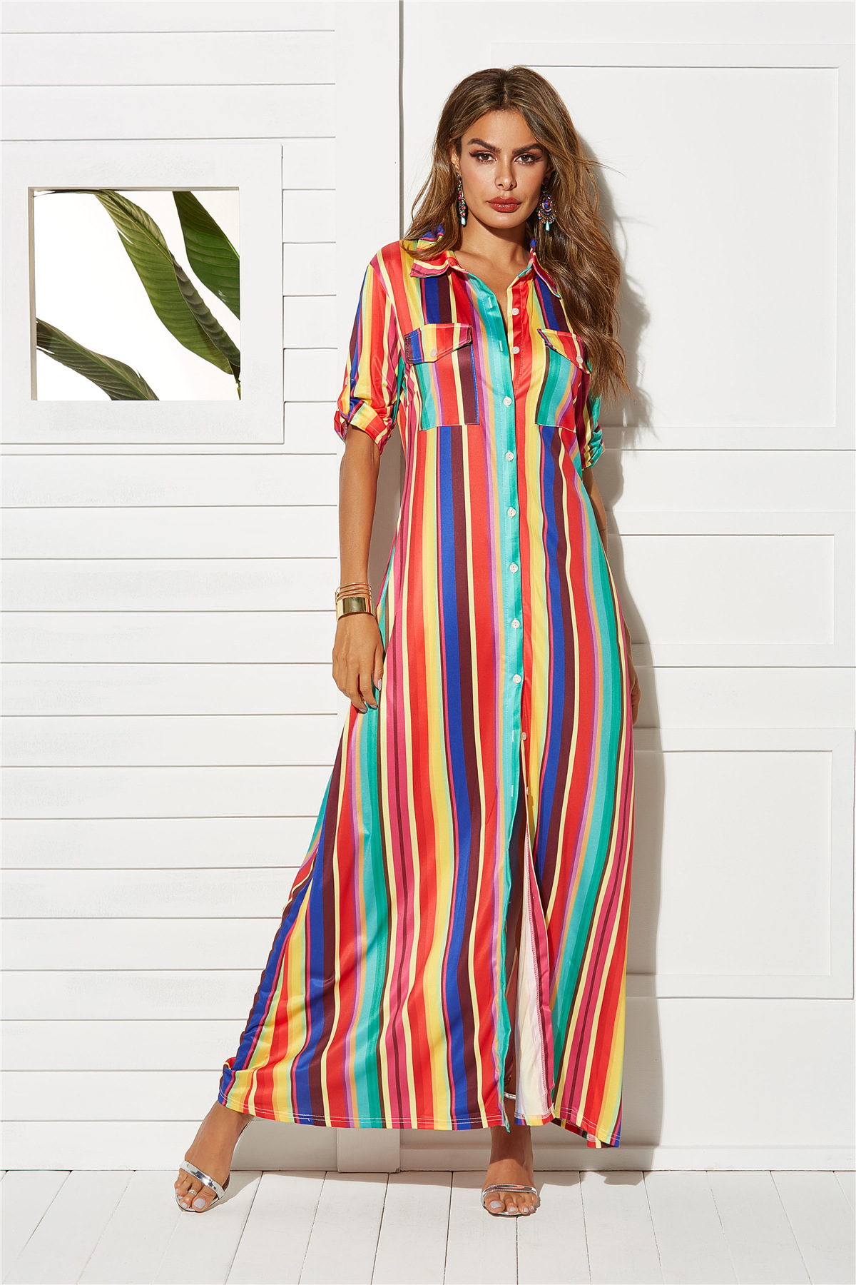 Casual Color Block Digital Print Long Shirt Dress Womens Fashion Three Colors Comfortable Fit Perfect for Spring