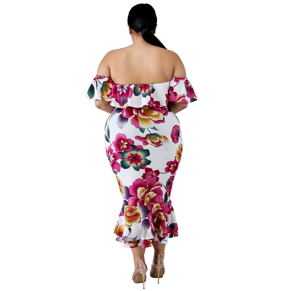 Summer Floral Print Ruffle Off Shoulder Dress Sexy Short Sleeve Mermaid Hem Plus Size Evening Party Wear Wholesale