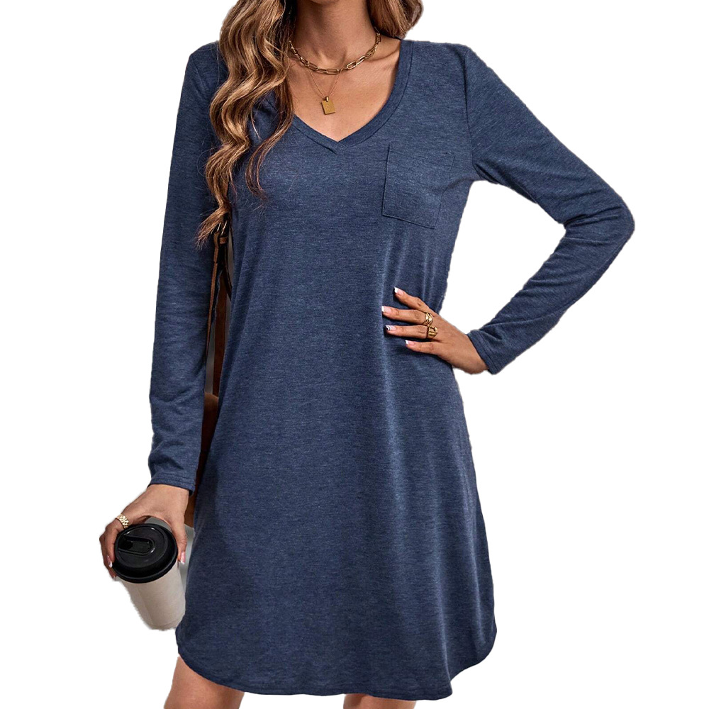 Loose Casual V Neck Solid Color Long Sleeve Dress for Women