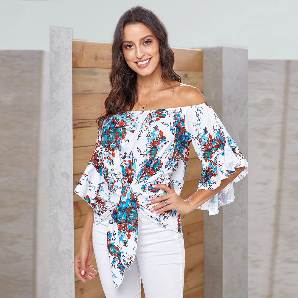 Off the Shoulder Crop Top Floral Print 3 4 Sleeve Casual Style Spring Fashion Wholesale Available