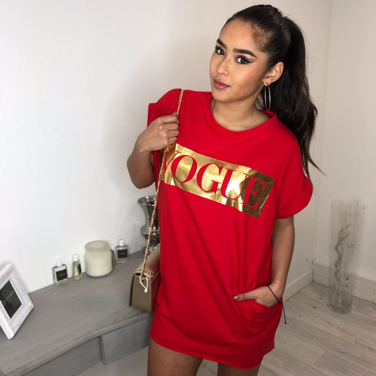 Vogue Print Pocket Dress Short Sleeve Round Neck Casual Style Perfect for Spring and Summer Wholesale Available