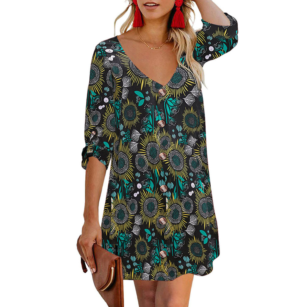 Womens Loose Fit Floral Print Dress 3 4 Sleeve V Neck Comfortable Fabric Casual Wear or Summer Outing OEM Available