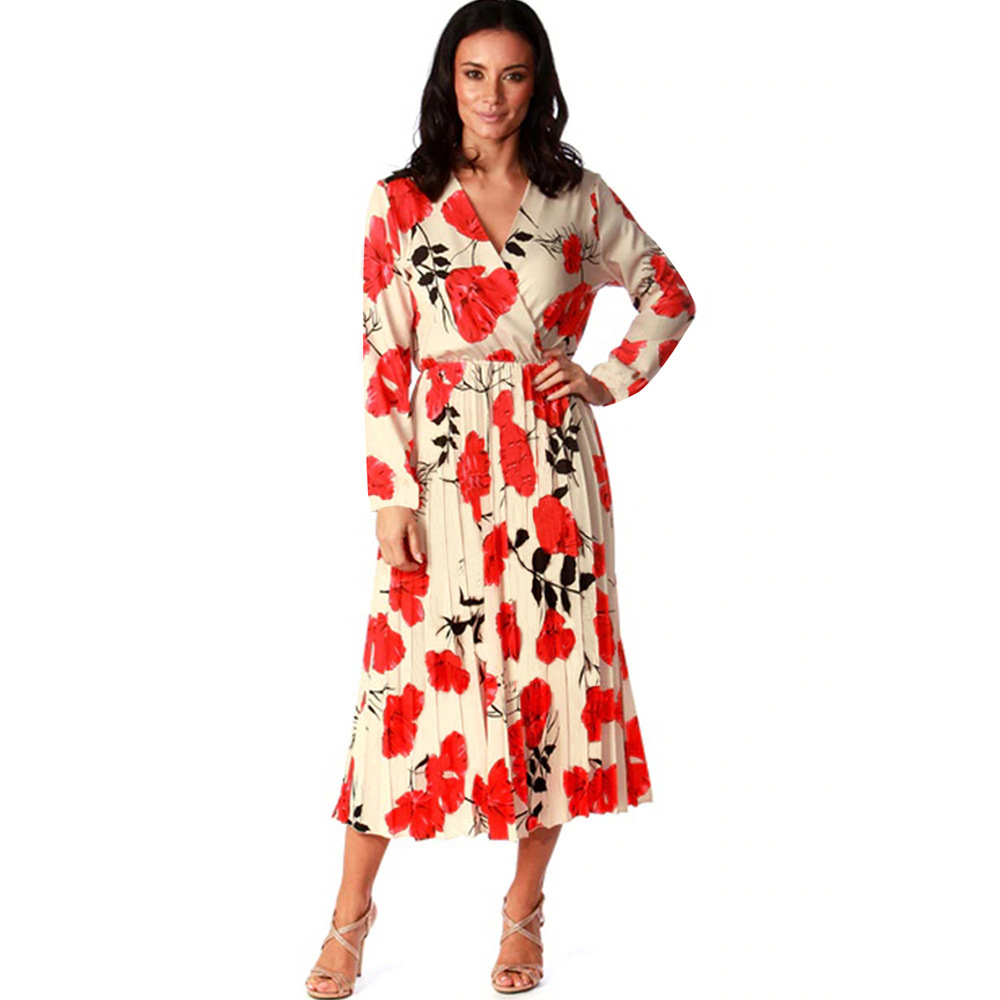 Womens Floral Print Maxi Dress V Neck Long Sleeve Elegant Design Spring Summer Fashion Wholesale Available