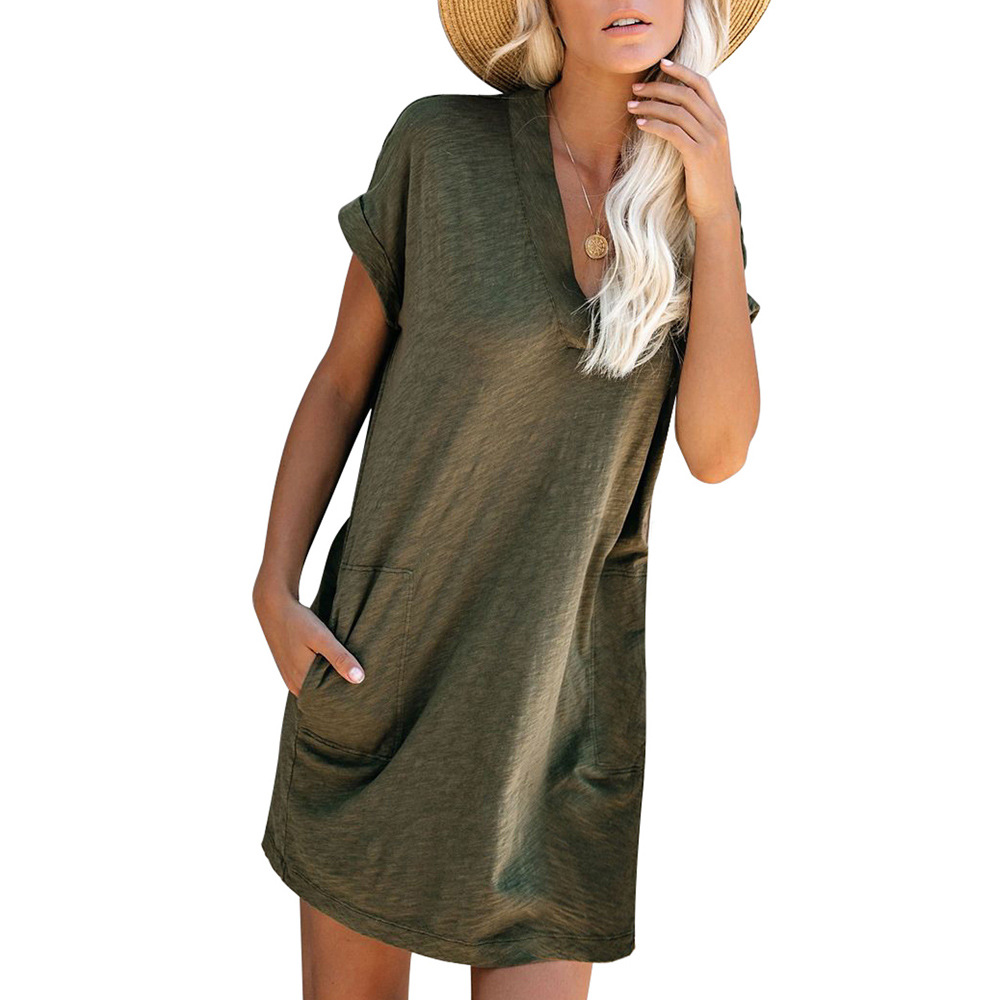 Solid Color Knee Length Dress for Women European Style V Neck Short Sleeve Loose Fit Summer Casual Wear Wholesale