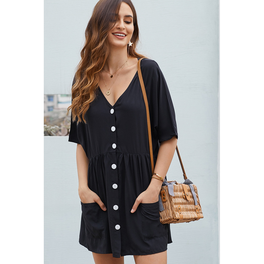 Womens Pleated Knee Length Dress V Neck Button Down Short Sleeve Loose Fit Casual Wear for Spring Summer