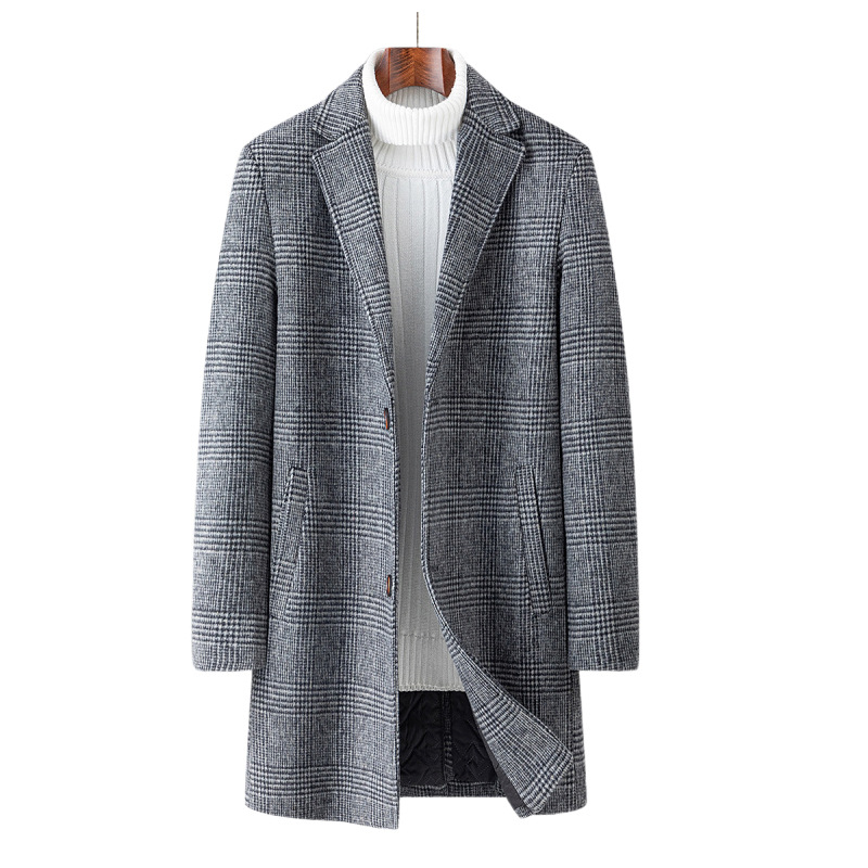 Mens Mid Length Plaid Wool Blend Overcoat Thickened Warm Stylish Perfect for Autumn and Winter Wholesale Available
