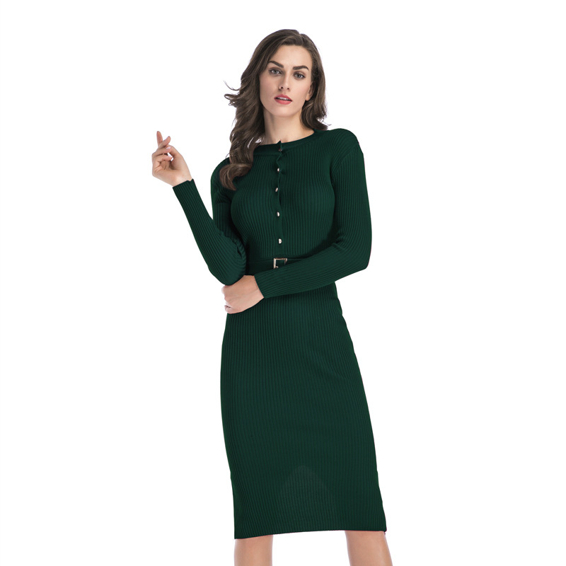 Button Front Bodycon Dress for Women Solid Color Slim Fit with Belt Casual or Formal Wear Wholesale Available