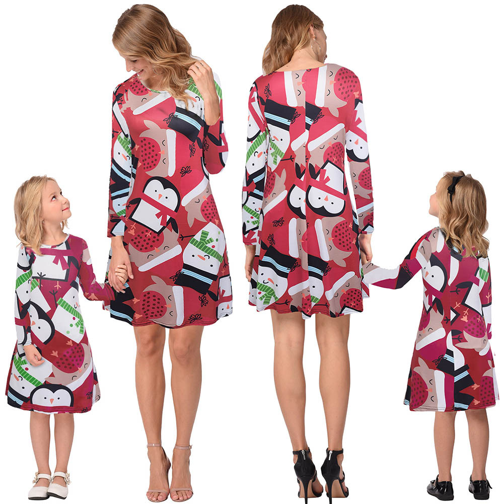 Printed Long Sleeve A Line Dress Mid Waist Family Matching Autumn Winter Style Perfect for Christmas Celebrations