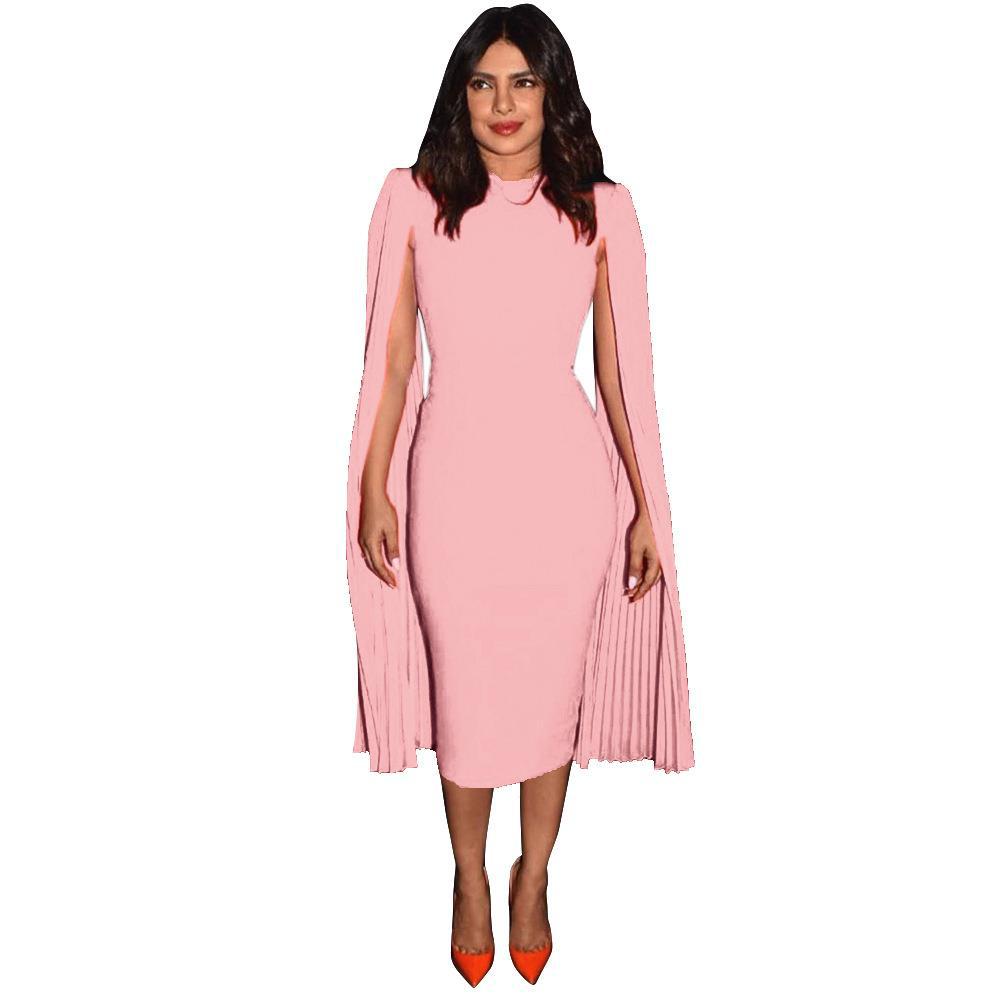 Solid Color Bodycon Pencil Dress Ruched Cape Elegant Queen Style Perfect for Parties and Evening Events Wholesale