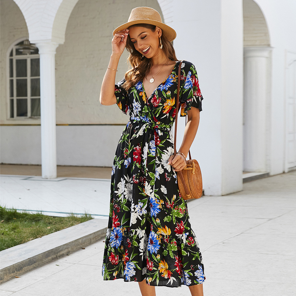Bohemian Print Tie Front Dress Original Design Spring Summer Style Comfortable Fit Wholesale Available