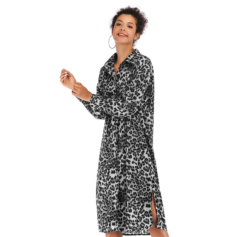 Womens Autumn Dress Long Sleeve Button Down Sexy Leopard Print Slim Fit Split Hem Casual or Party Wear