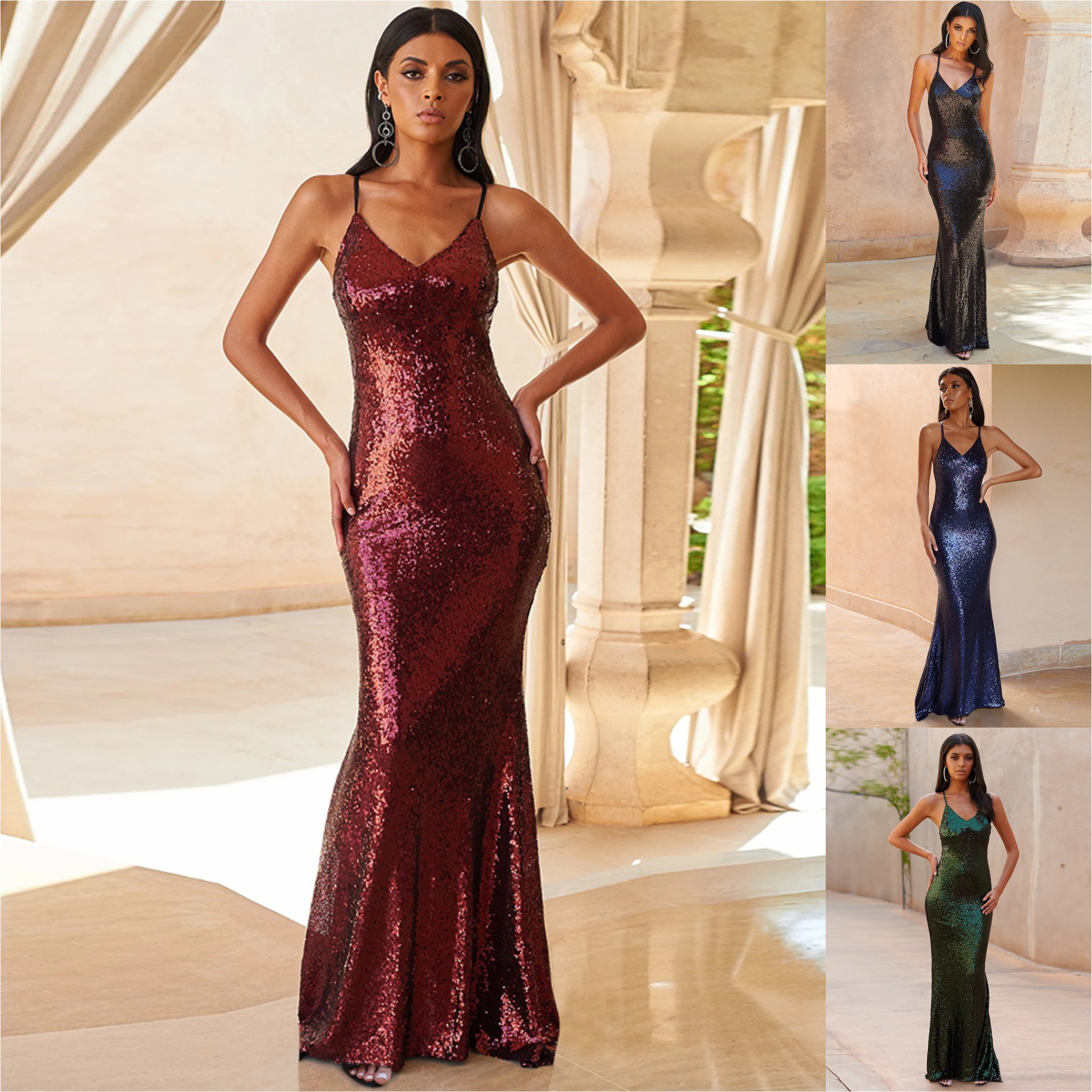 Sequin Evening Dress Sleeveless Mermaid Silhouette Solid Color Elegant Design Perfect for Parties and Formal Events