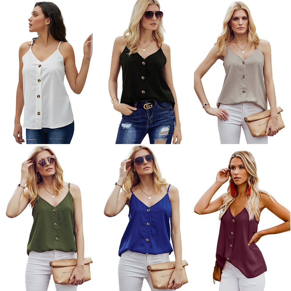 Womens Summer Sleeveless V Neck Tank Top European Style Button Detail Backless Design Casual Wear Wholesale