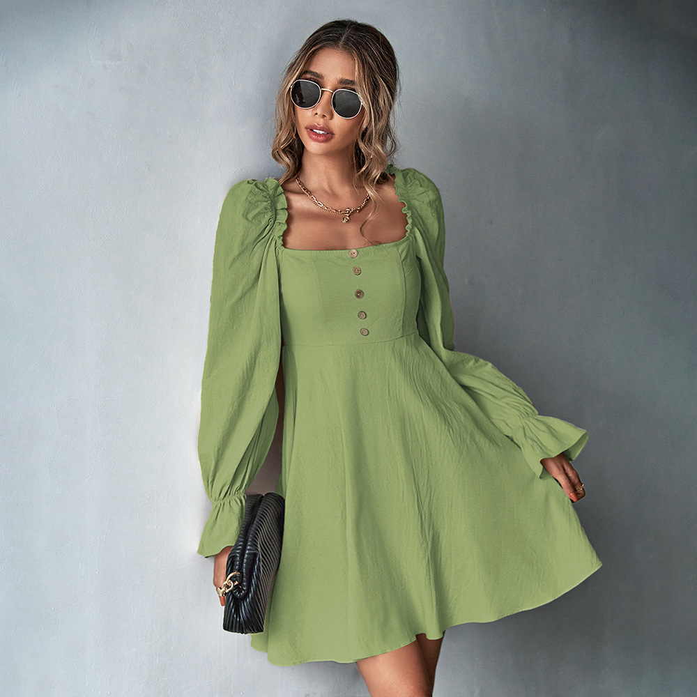 Cross border European and American Women's Dress with Puff Sleeves, Square Neck, Waist Slimming, Long Sleeve, French Style A lin