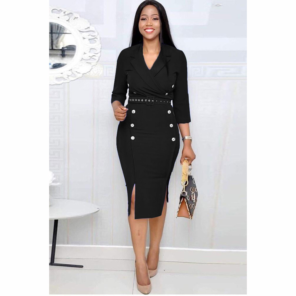 Bodycon Midi Dress V Neck Asymmetrical Hem Three Quarter Sleeves Autumn Fashion for Women Wholesale Available