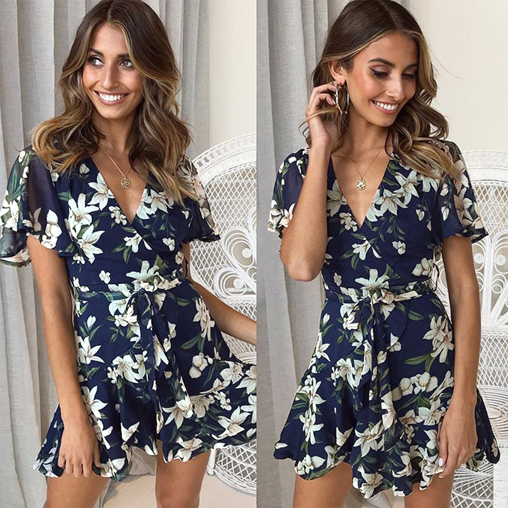 Short Sleeve Deep V Floral Print Dress Three Colors Sexy Style Spring Summer Fashion Wholesale Available