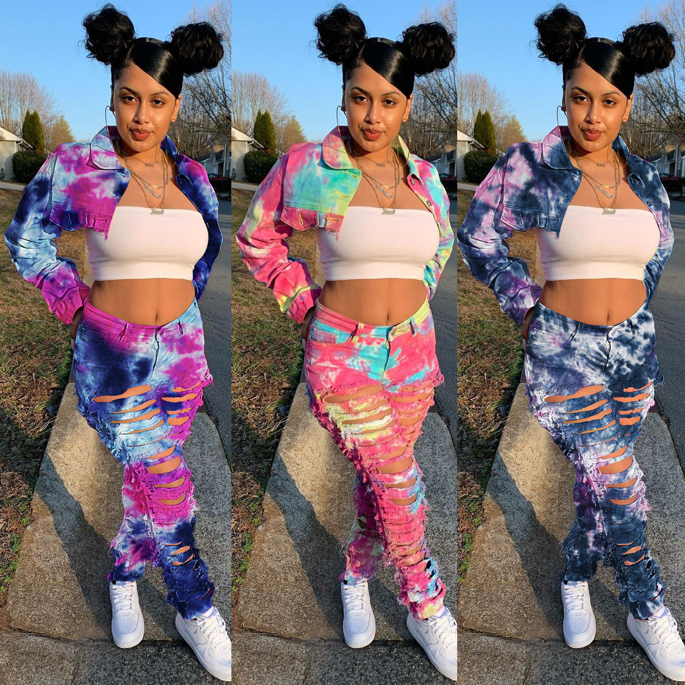 Casual Distressed Tie Dye Denim Pants Button Detail Straight Leg Breathable Fabric Ideal for Everyday Wear