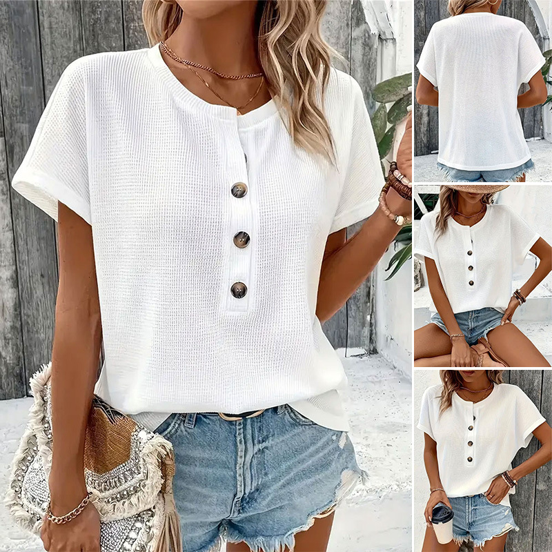 Summer Womens Fashion T Shirt Solid Color Button Detail Short Sleeve Casual Wear for Everyday Wholesale Available