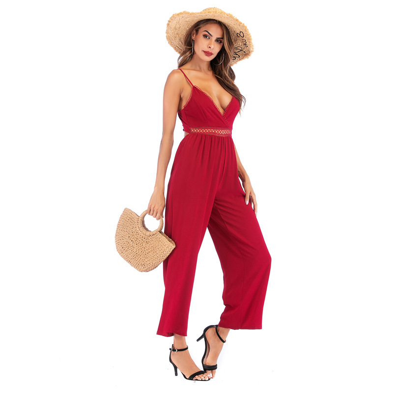 Womens Sexy Lace Backless Jumpsuit Slim Fit Spaghetti Straps Elegant Design Perfect for Parties or Night Out