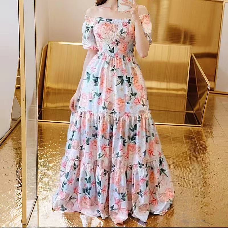 New Spring Summer European and American Foreign Trade Women's Dress One Shoulder Floral Dress Fashion Off Shoulder Long Dress