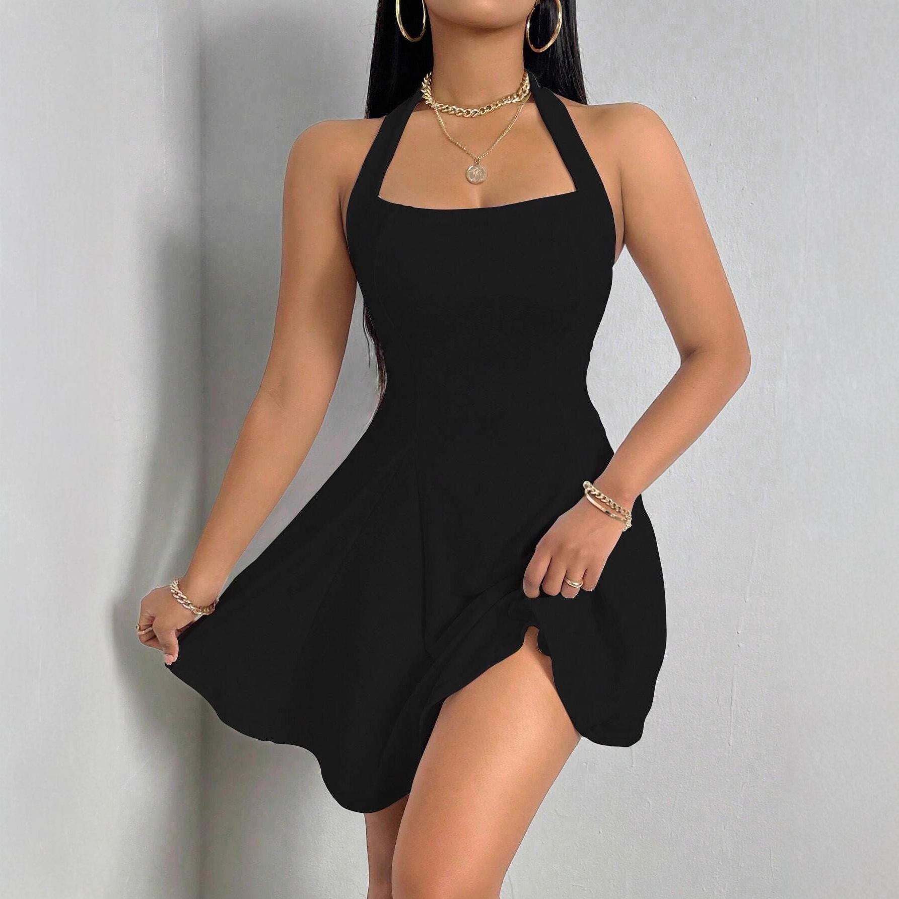 Custom European and American Cross border Women's Sexy Halter Backless Waist collecting A line Flared Short Dress