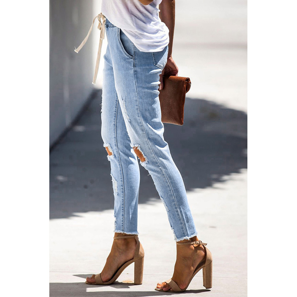 High Waisted Womens Skinny Jeans Stretchy Vintage Wash Drawstring Design Casual Autumn Winter Wear Wholesale