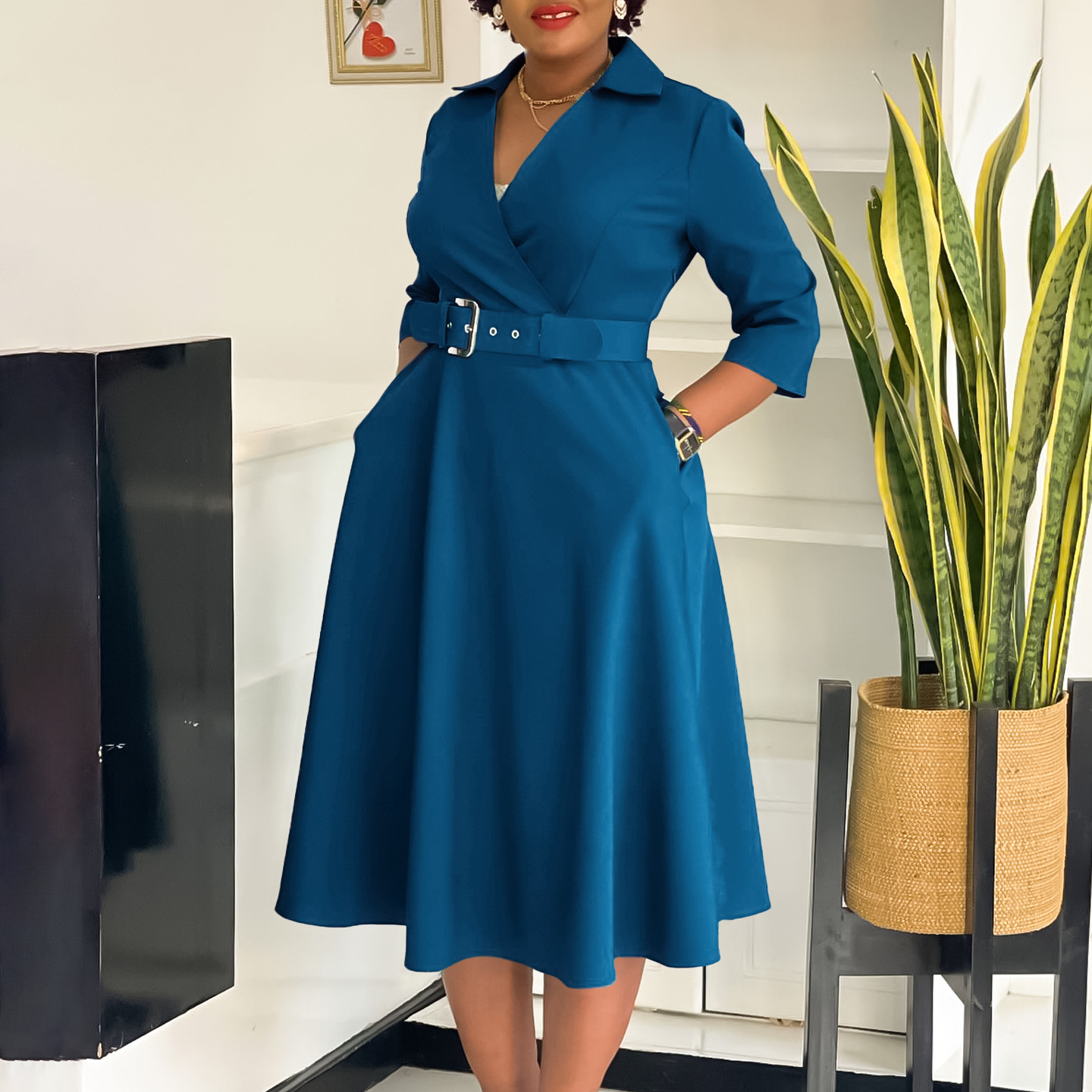Plus Size Women's Fashion Dress with Lapel, Solid Color, Flared Skirt, Elegant Style for Autumn, Wholesale Clothing for Export