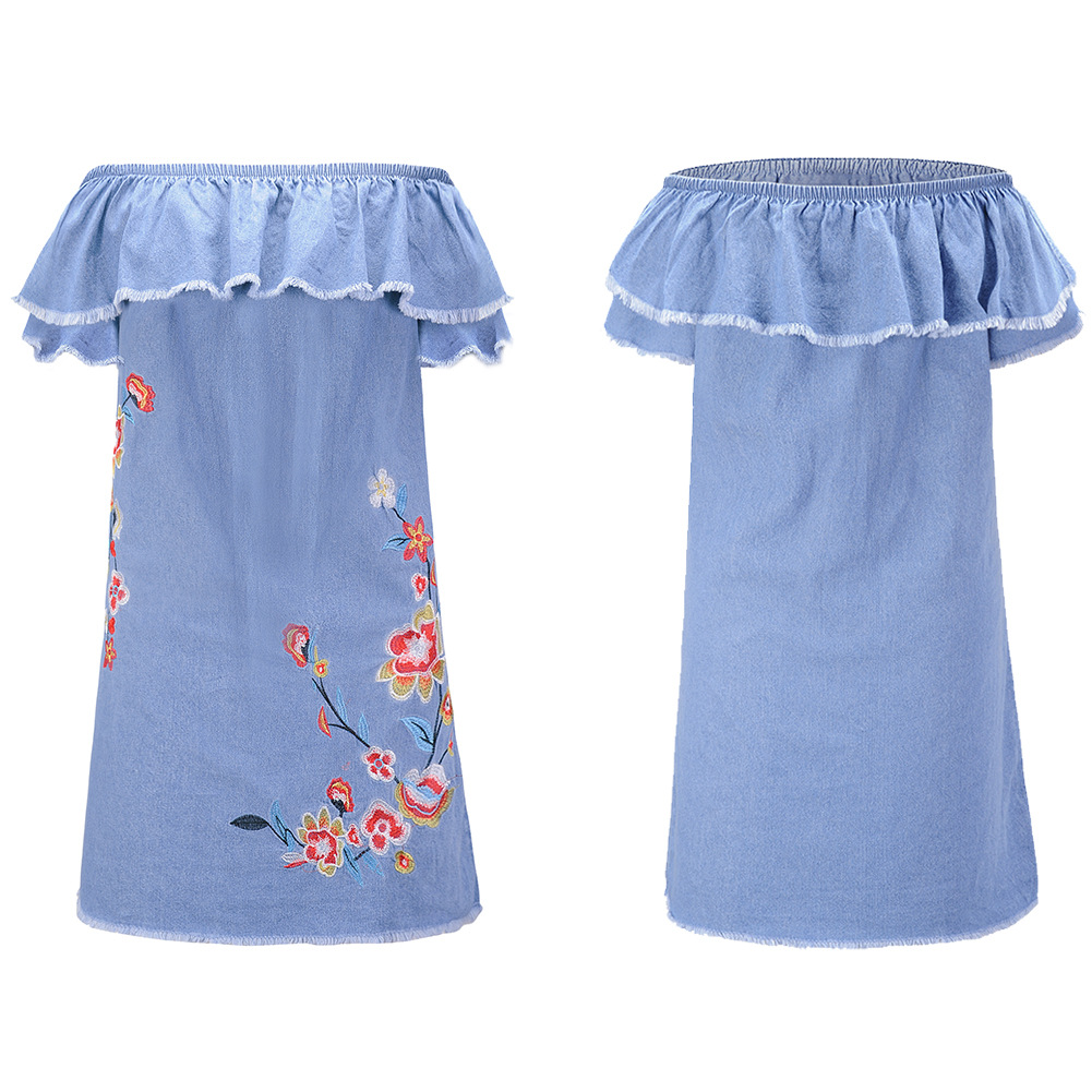 Embroidered Denim Dress Loose Fit Off Shoulder Ruffle Sleeve Spring Fashion Casual Wear Wholesale Available
