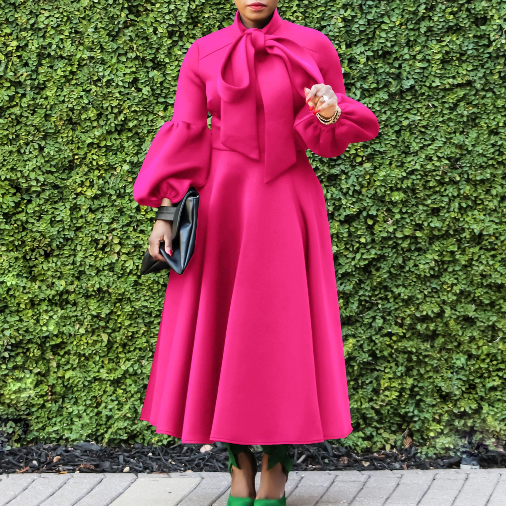 Plus Size Fashion Dress — High Waist, Lantern Sleeves, Bow Tie, Flowy Design — Spring Style — Wholesale Supply Terms