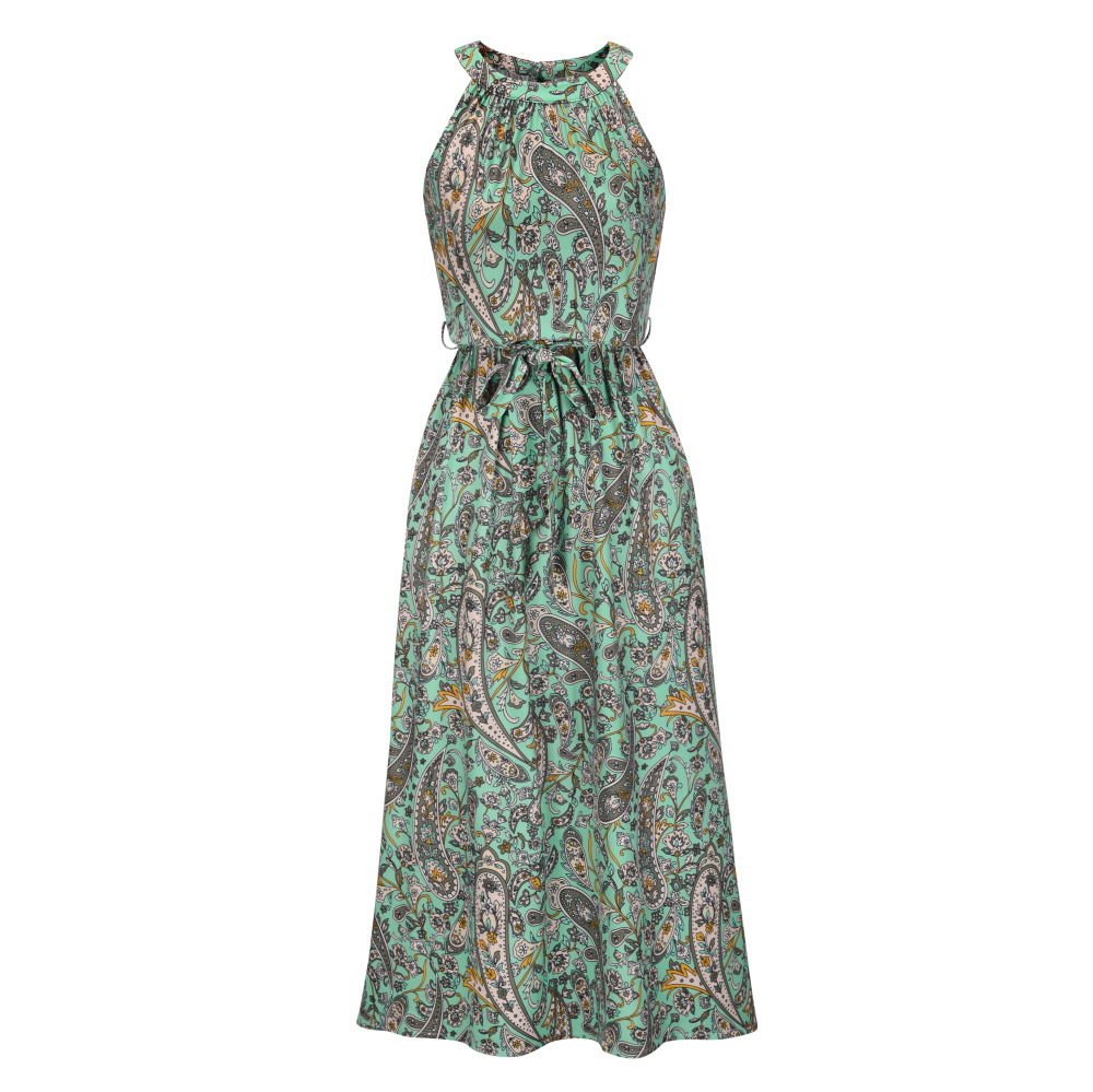 Womens Floral Print Maxi Dress Halter Neck Zipper Closure Lightweight Fabric Spring Summer Fashion Wholesale