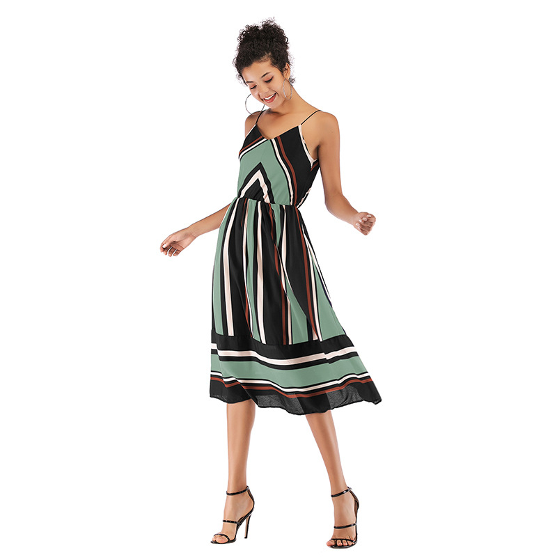 Womens Striped Color Block Chiffon Midi Dress V Neck Sleeveless Lightweight Fabric Spring Summer Fashion