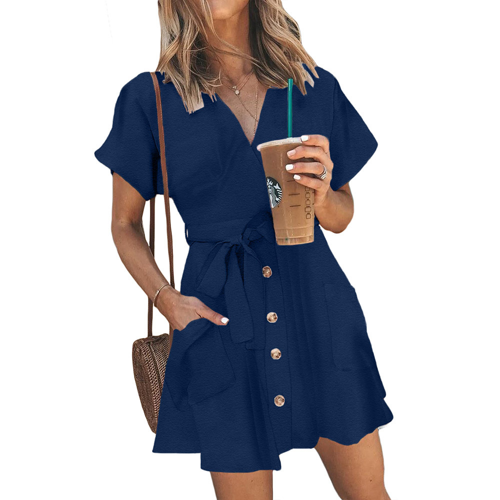 High Waist Summer Dress V Neck Short Sleeve Solid Color A Line Casual Wear for Women Wholesale Available