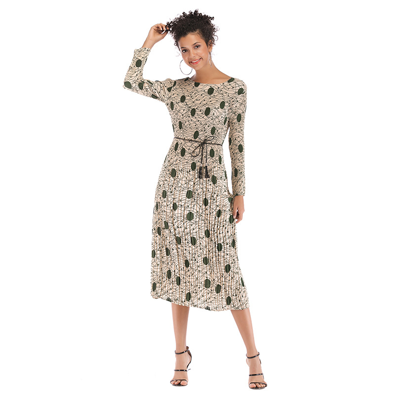 Geometric Print Chiffon Dress Long Sleeve Belted Pleated Design Perfect for Spring Summer Events Wholesale Available