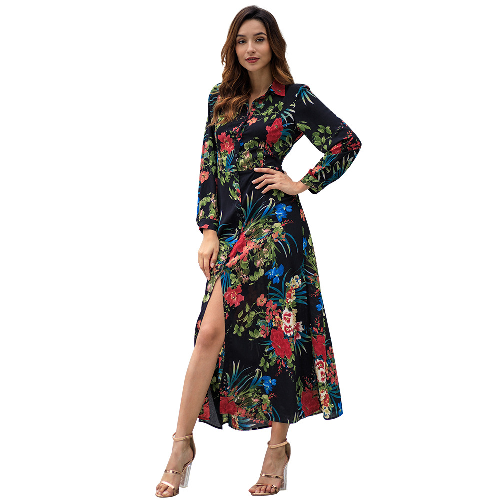 Bohemian Floral Midi Dress Long Sleeve Spring Style Comfortable Fabric Perfect for Casual Outings Wholesale