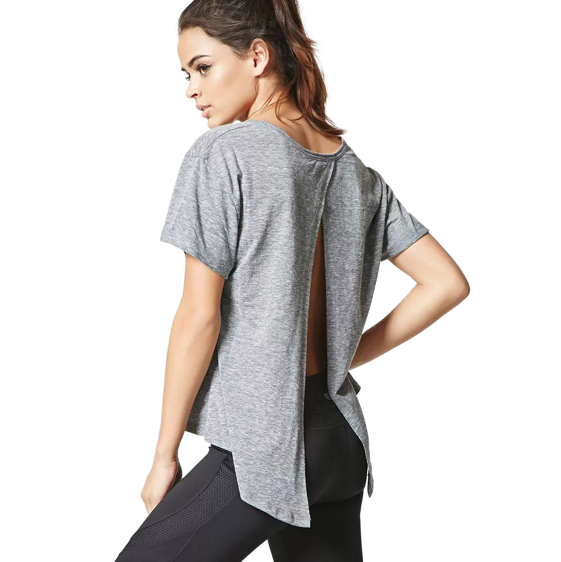 Womens Loose Fit Solid Color T Shirt Round Neck Short Sleeve Backless Design Spring Fashion Top Wholesale Available