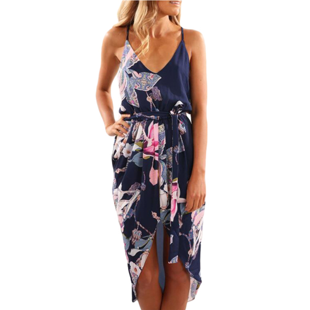 Summer Sexy V Neck Floral Mini Dress High Waist Sleeveless Asymmetrical Hem Perfect for Parties or Casual Outings