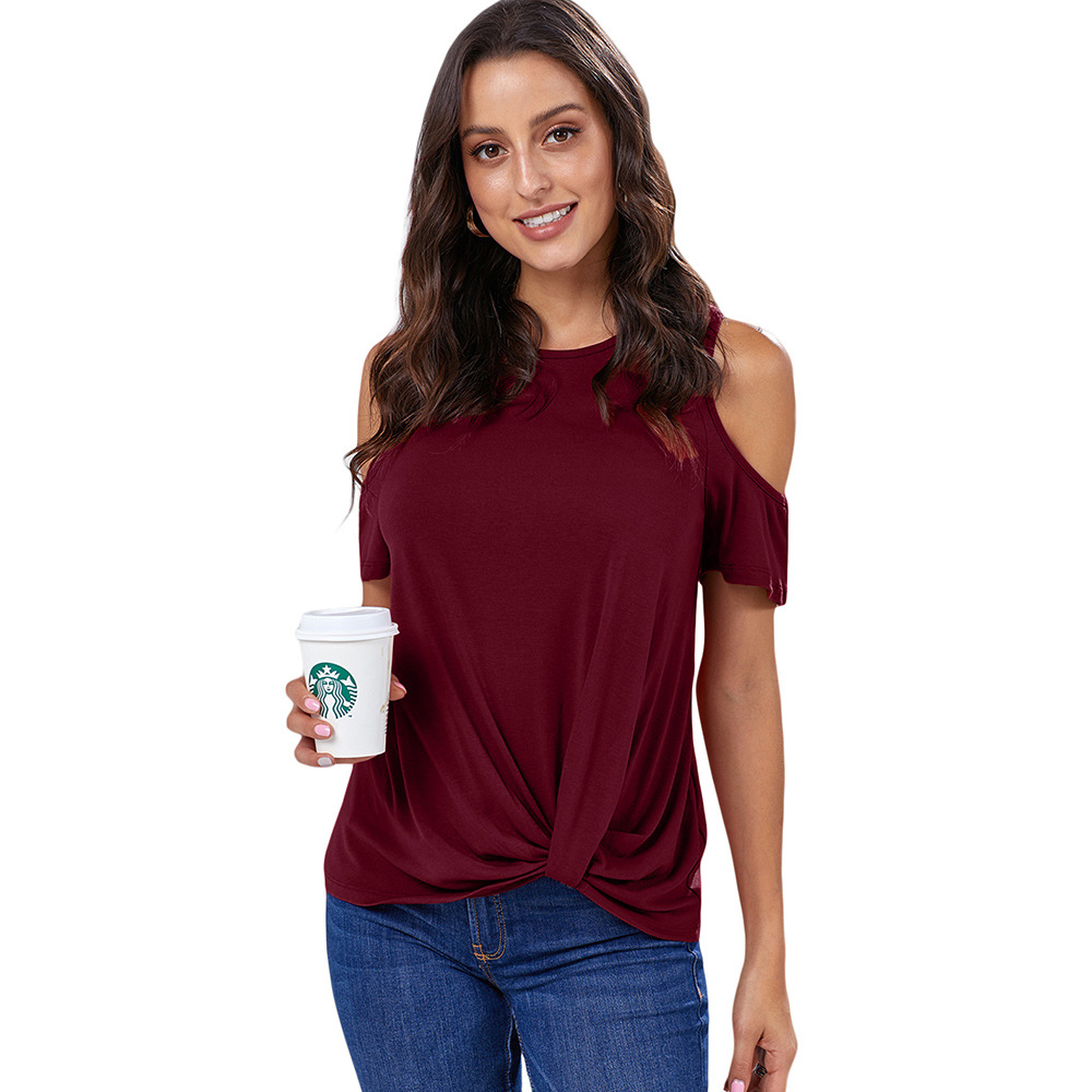 Loose Fit Short Sleeve T Shirt Off Shoulder Design Knotted Hem Solid Color Summer Casual Wear Wholesale Available
