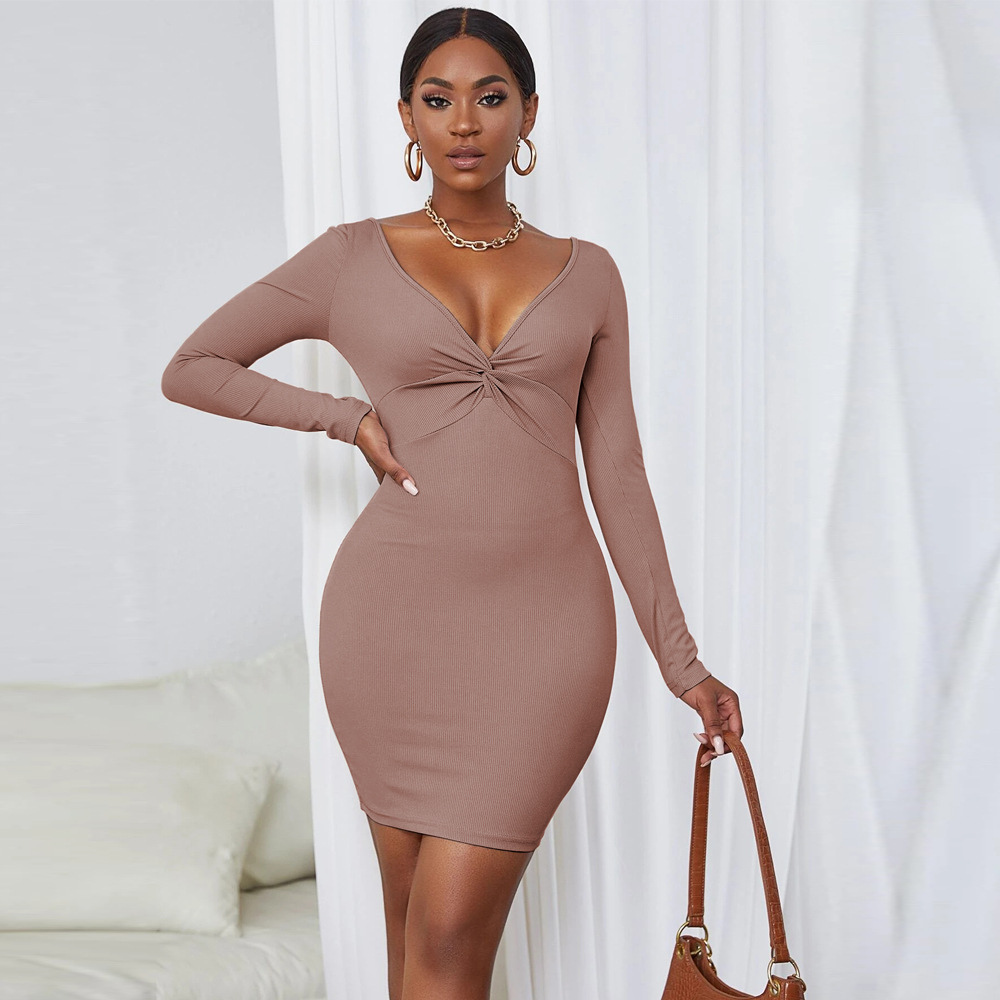 Fashionable New Solid Color Sexy Twist Deep V Neck Long Sleeve Bodycon Dress