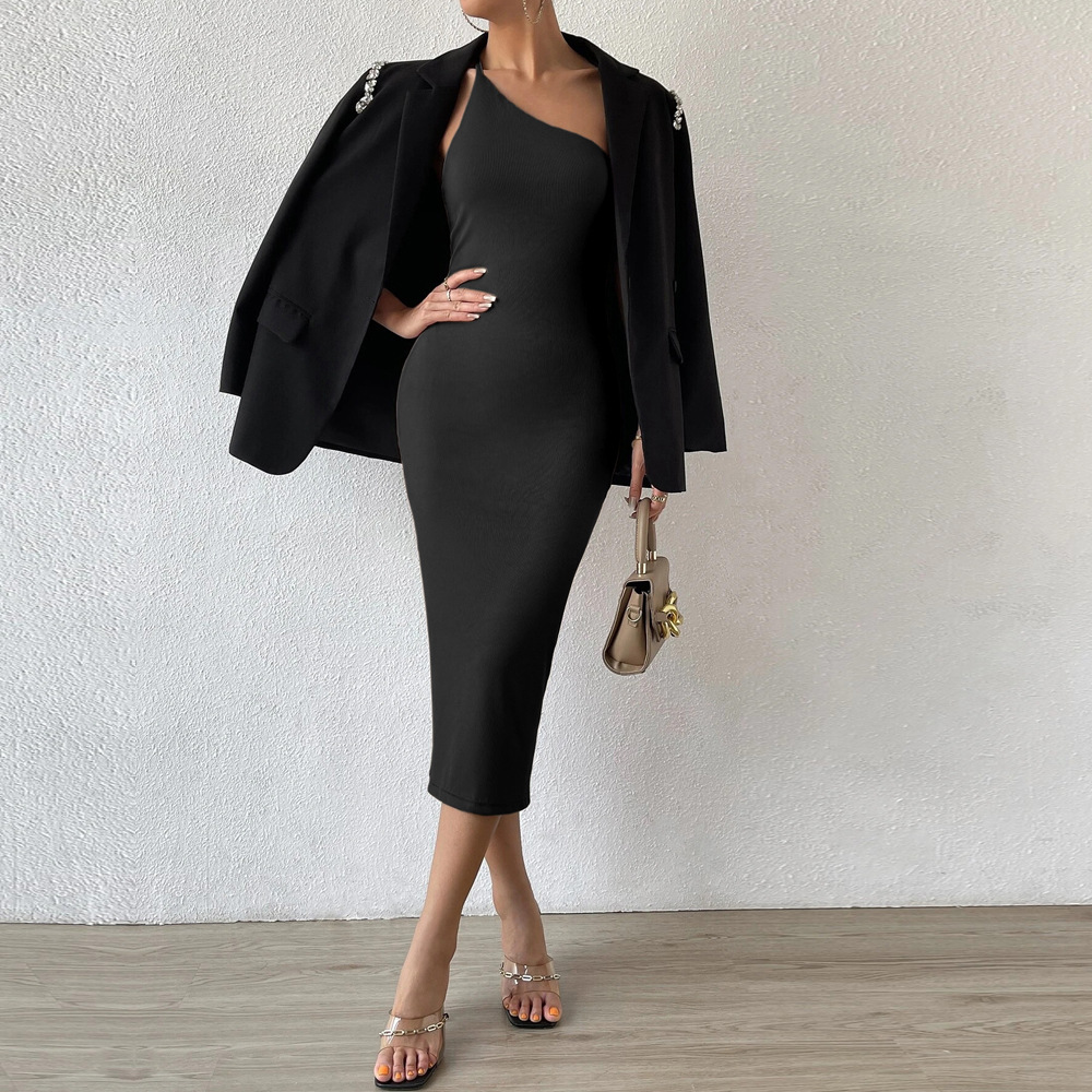 New Sexy Sleeveless One Shoulder Wrap Chest Bodycon Long Dress