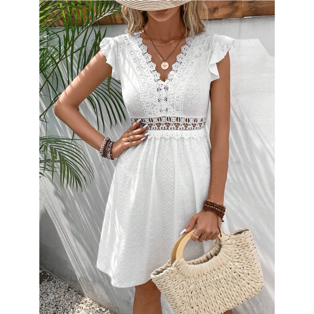 Knit Jacquard Hollow Out Dress Elastic Sheer Lace Butterfly Sleeves Spring Summer Fashion Wholesale Available