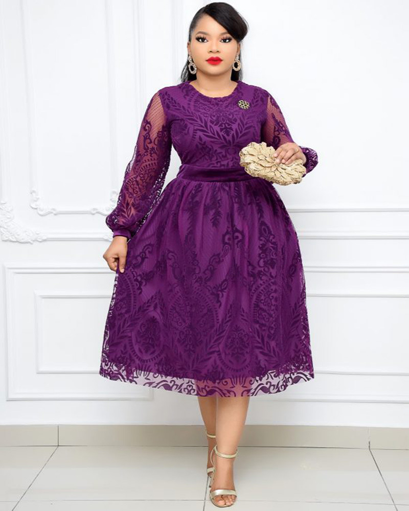 Velvet Floral Print Dress Elegant Round Neck Lantern Sleeves Flared Skirt Perfect for Parties and Special Occasions