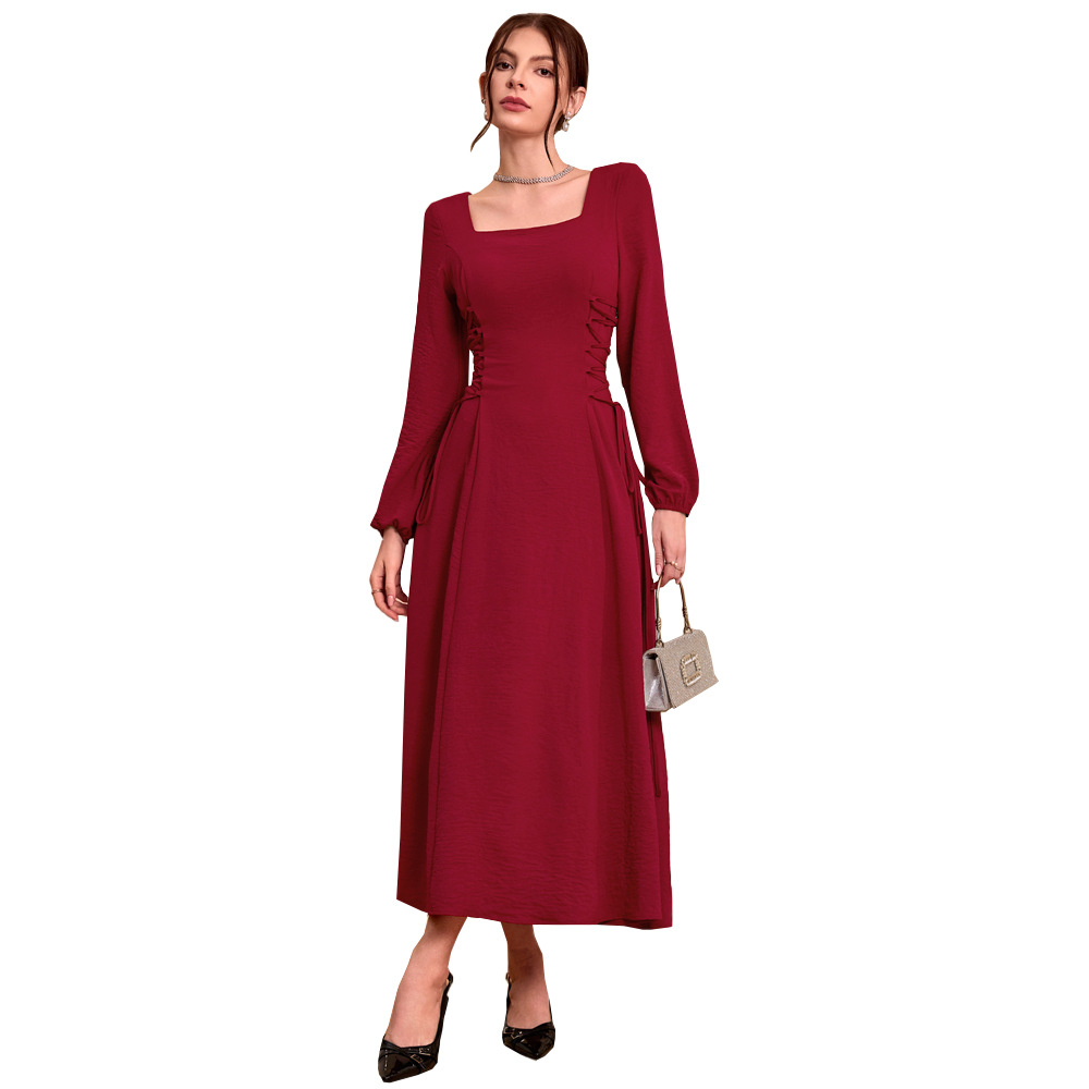 French Square Neck Burgundy Long Sleeve Dress Vintage Style Slim Fit Autumn Winter Wholesale Available