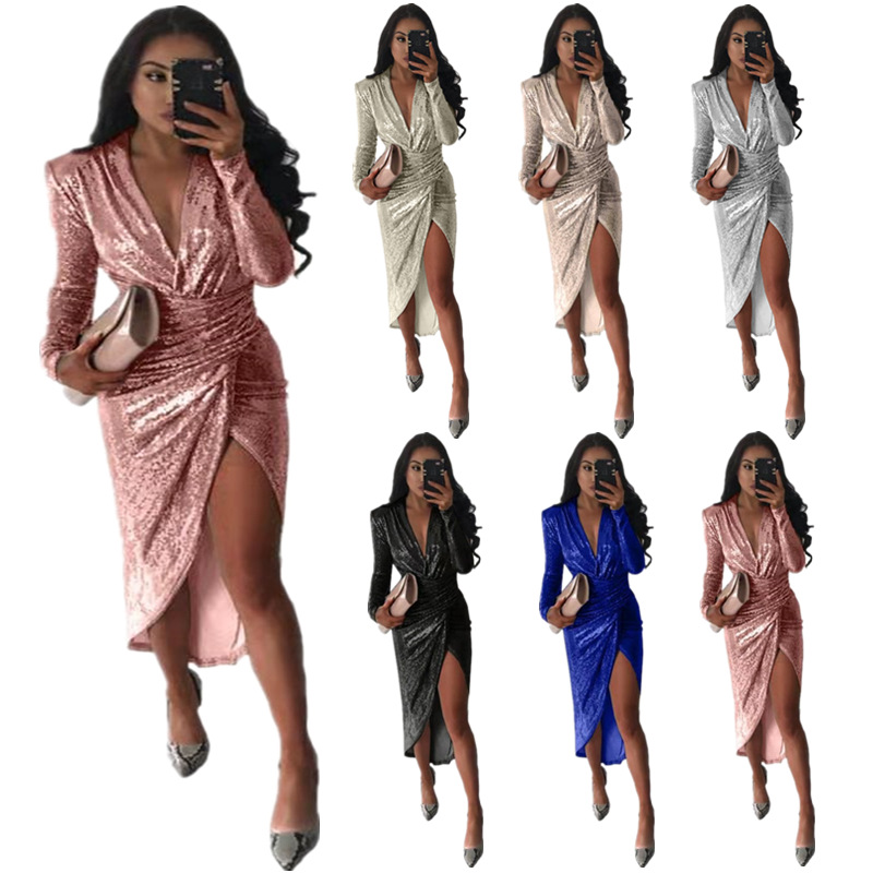 Elegant Long Sleeve Evening Dress Deep V Neck Shimmering Fabric High Slit Pleated Design Perfect for Parties and