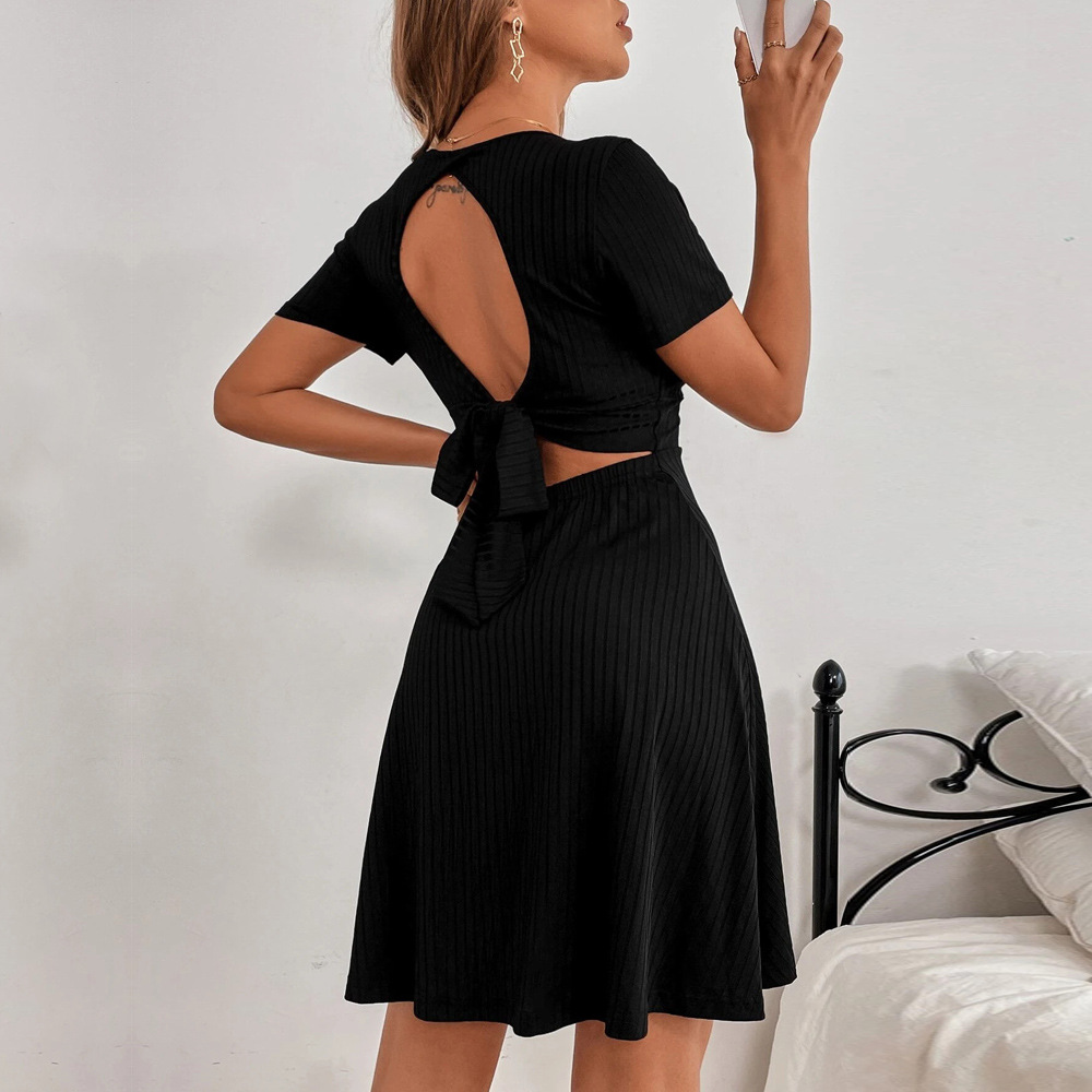 Sexy Backless Tie V neck Ruffle Short Dress for Women