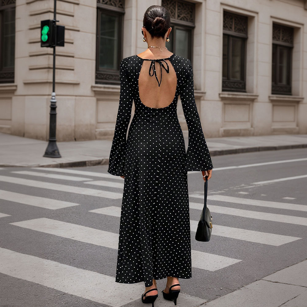 Black Polka Dot Maxi Dress Long Sleeve Open Back Slim Fit Adjustable Tie Elegant Autumn Winter Evening Wear